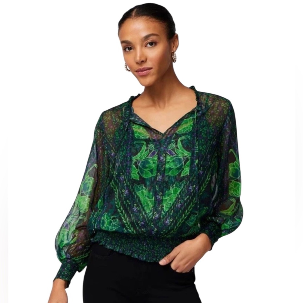White House Black Market Long Sleeve Mixed Print Lurex Sheer Blouse Tank Size XL